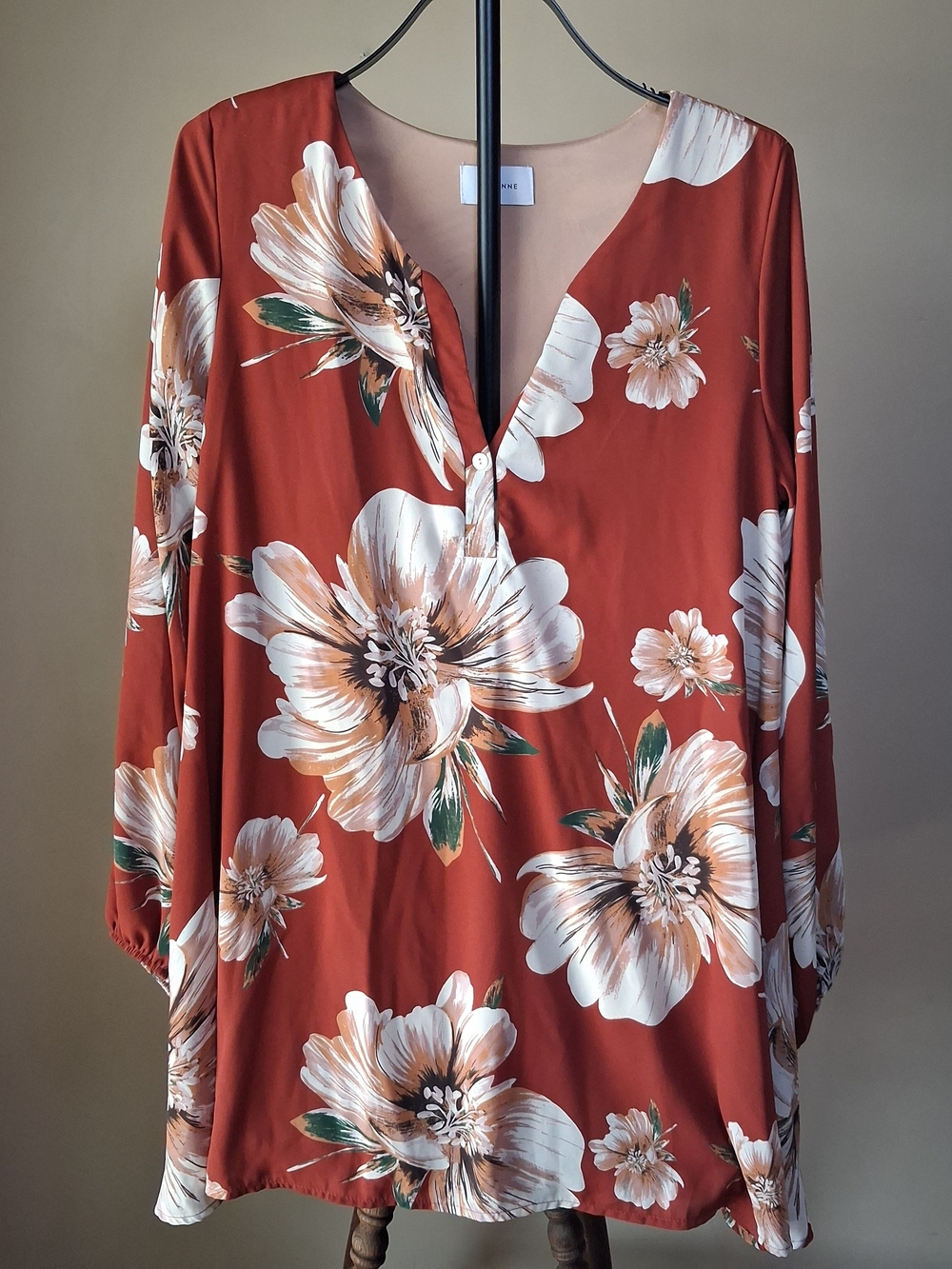 Adrienne Women's Rust Colored Floral Mini Dress; Size L